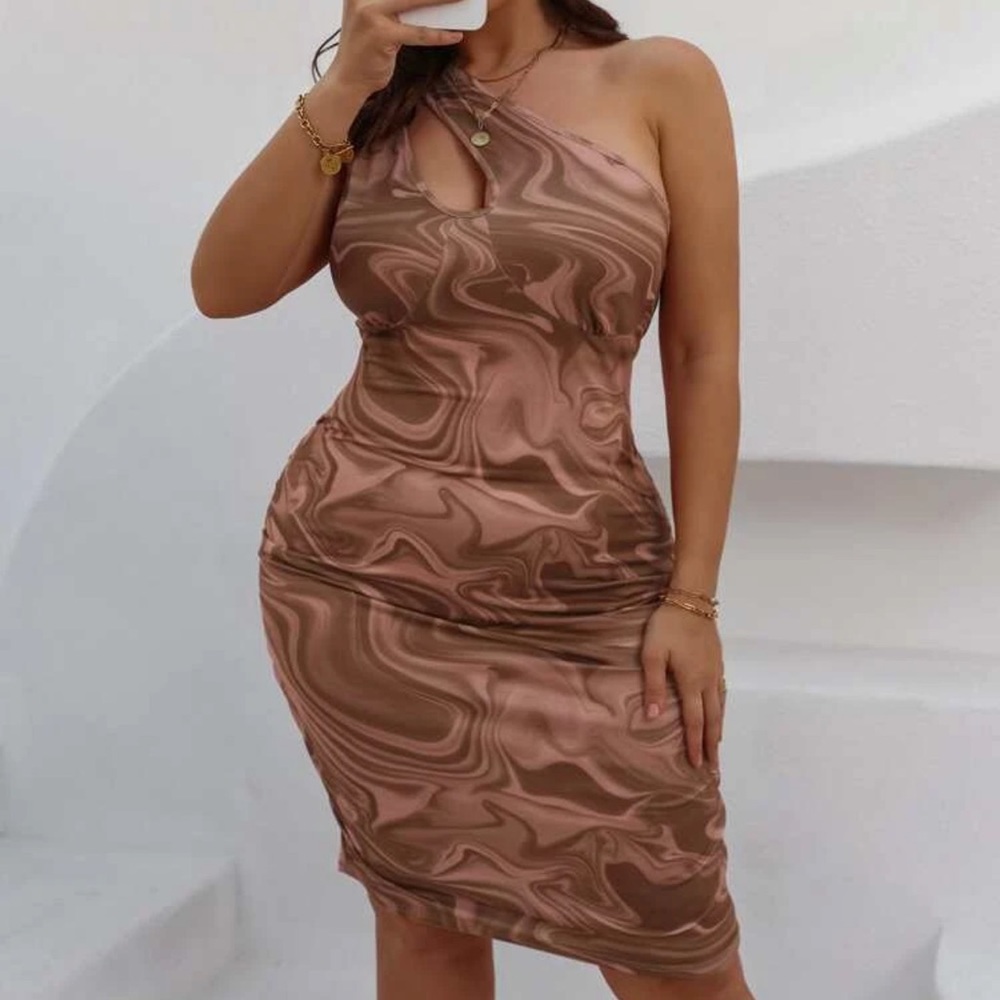 Shein Marble Print One Shoulder Cut Out Ruched Bodycon Dress